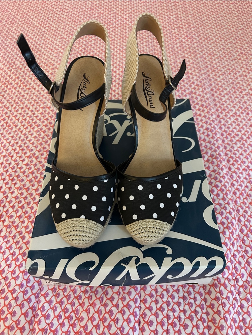 Lucky Brand Black and White Polka Dot Espadrille Slingback Wedges